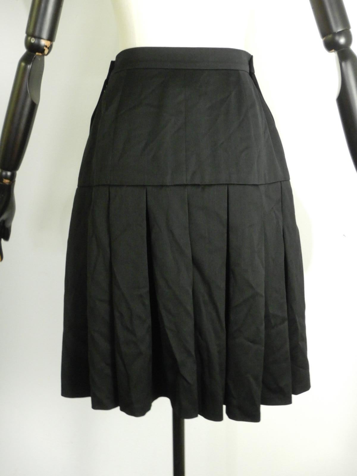 Chanel Vintage Black Pleated Skirt With Gold Tone CC Logo Buttons In Good Condition For Sale In Oakland, CA