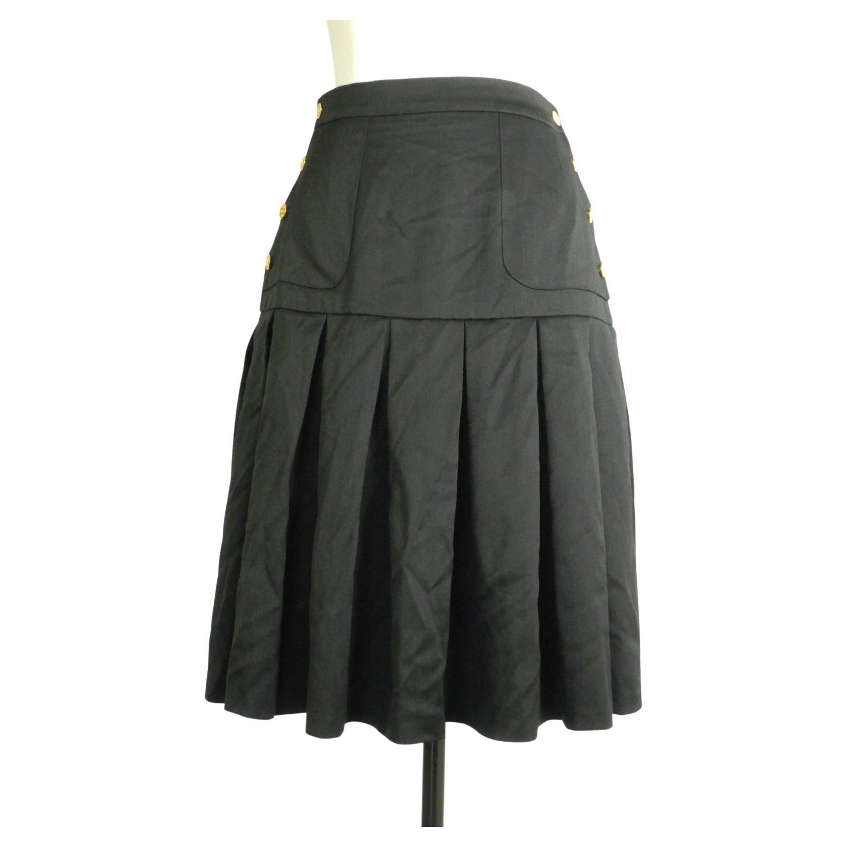 Chanel Vintage Black Pleated Skirt With Gold Tone CC Logo Buttons For Sale