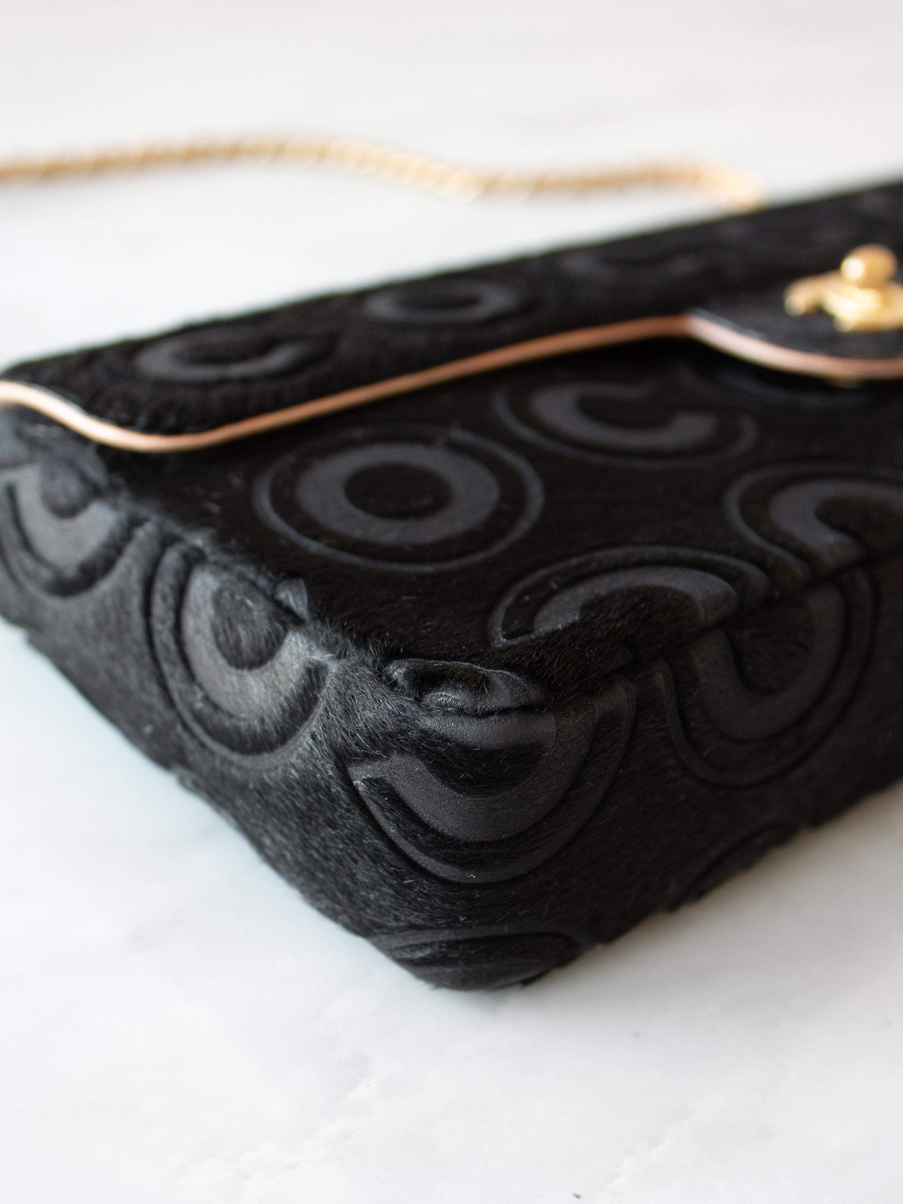 Chanel Vintage Black Pony Hair Coco Gold CC Turnlock East West Flap Bag 3