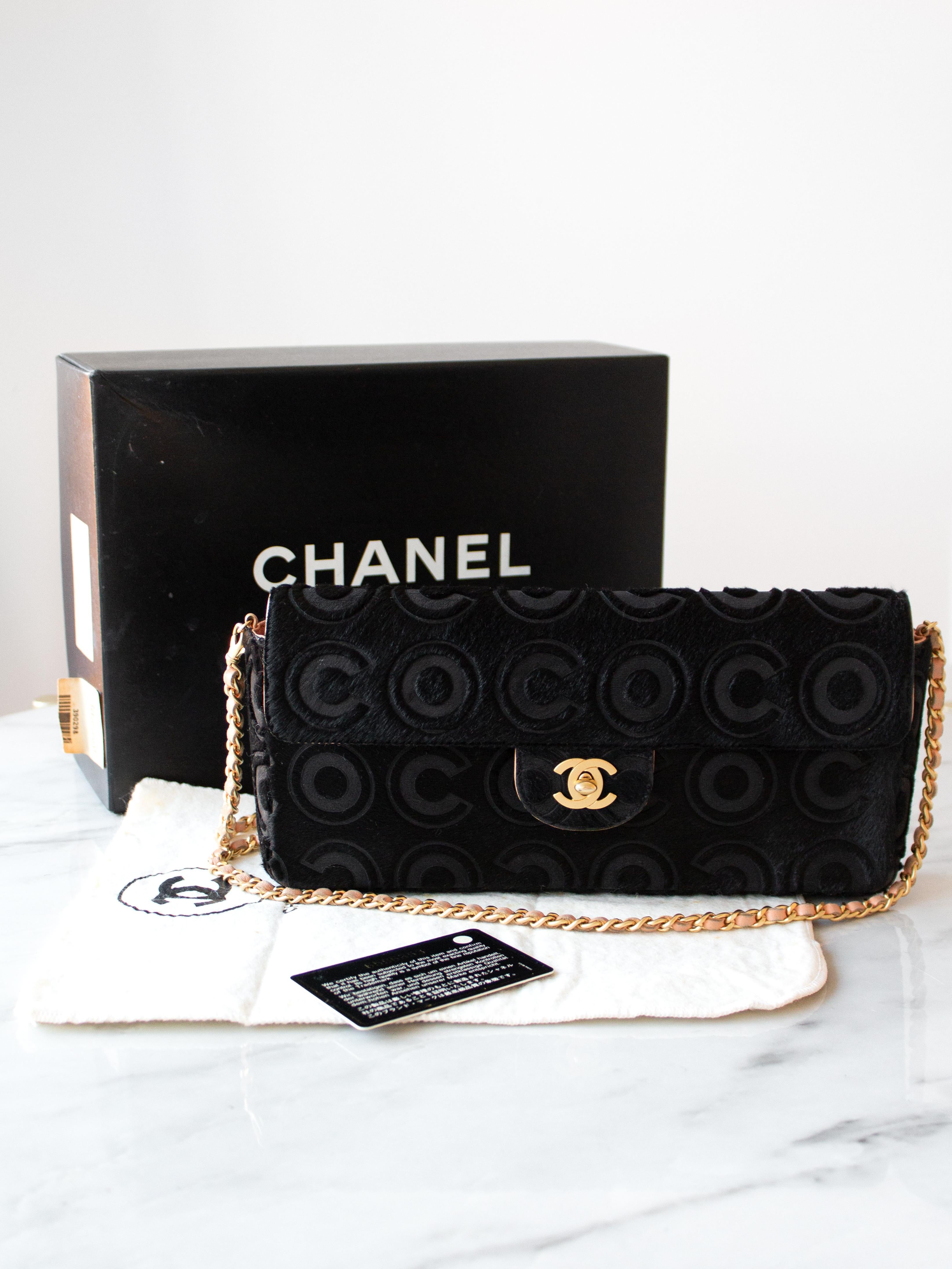 Chanel Vintage Black Pony Hair Coco Gold CC Turnlock East West Flap Bag For Sale 12