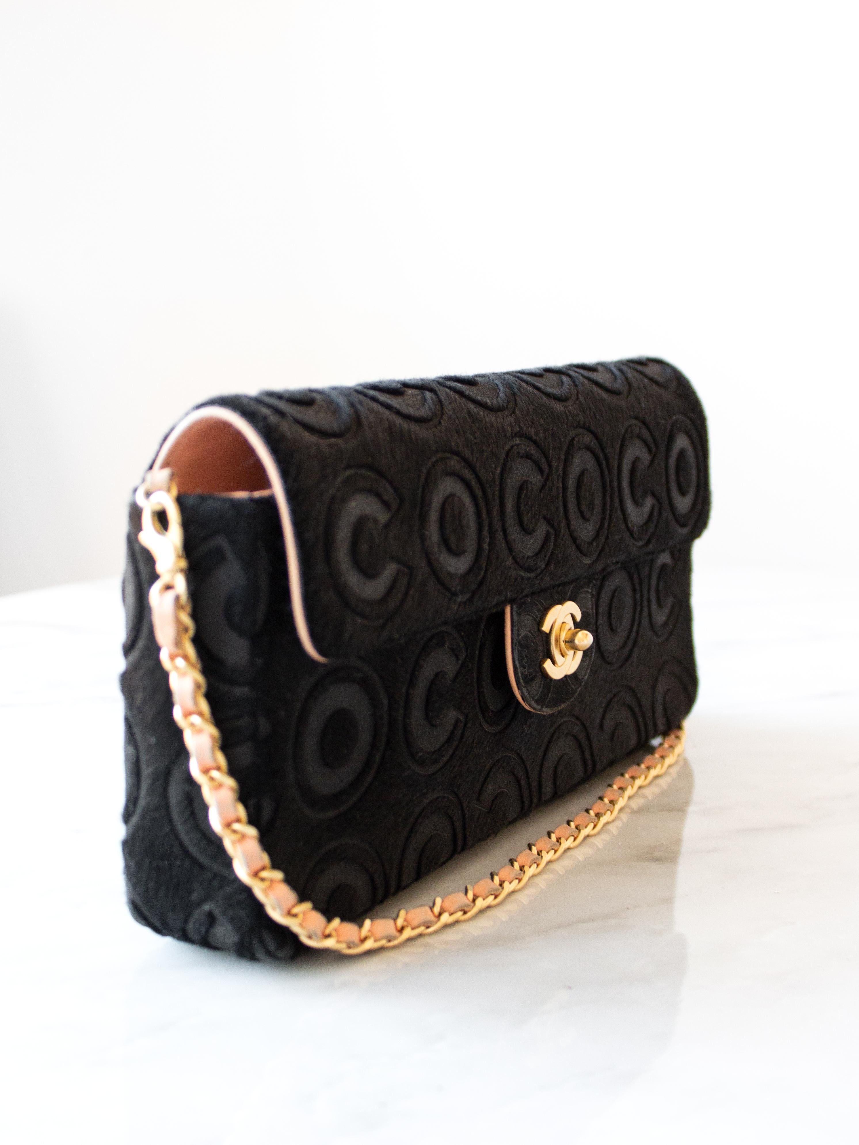 Chanel Vintage Black Pony Hair Coco Gold CC Turnlock East West Flap Bag In Good Condition For Sale In Jersey City, NJ