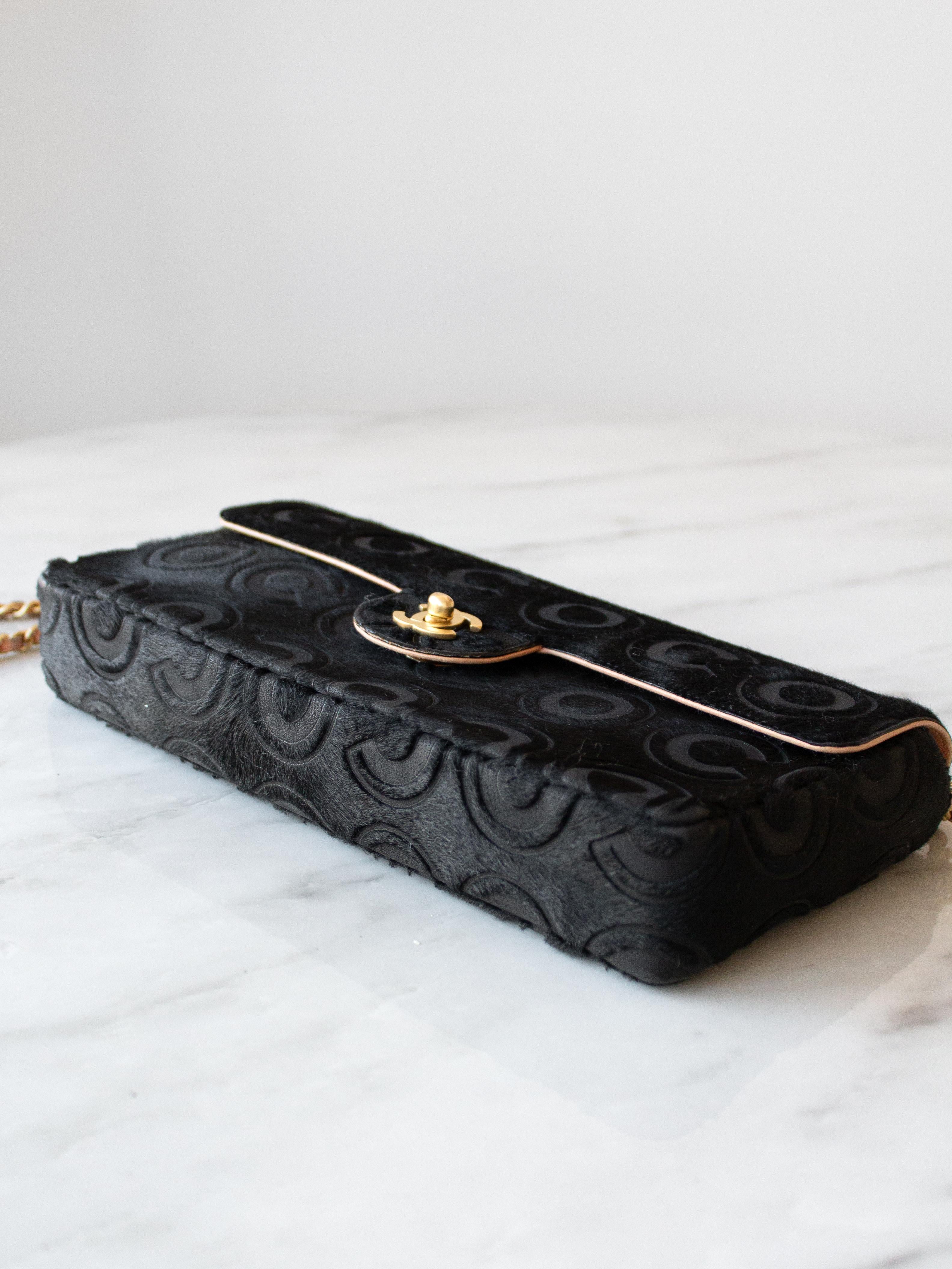 Chanel Vintage Black Pony Hair Coco Gold CC Turnlock East West Flap Bag 1