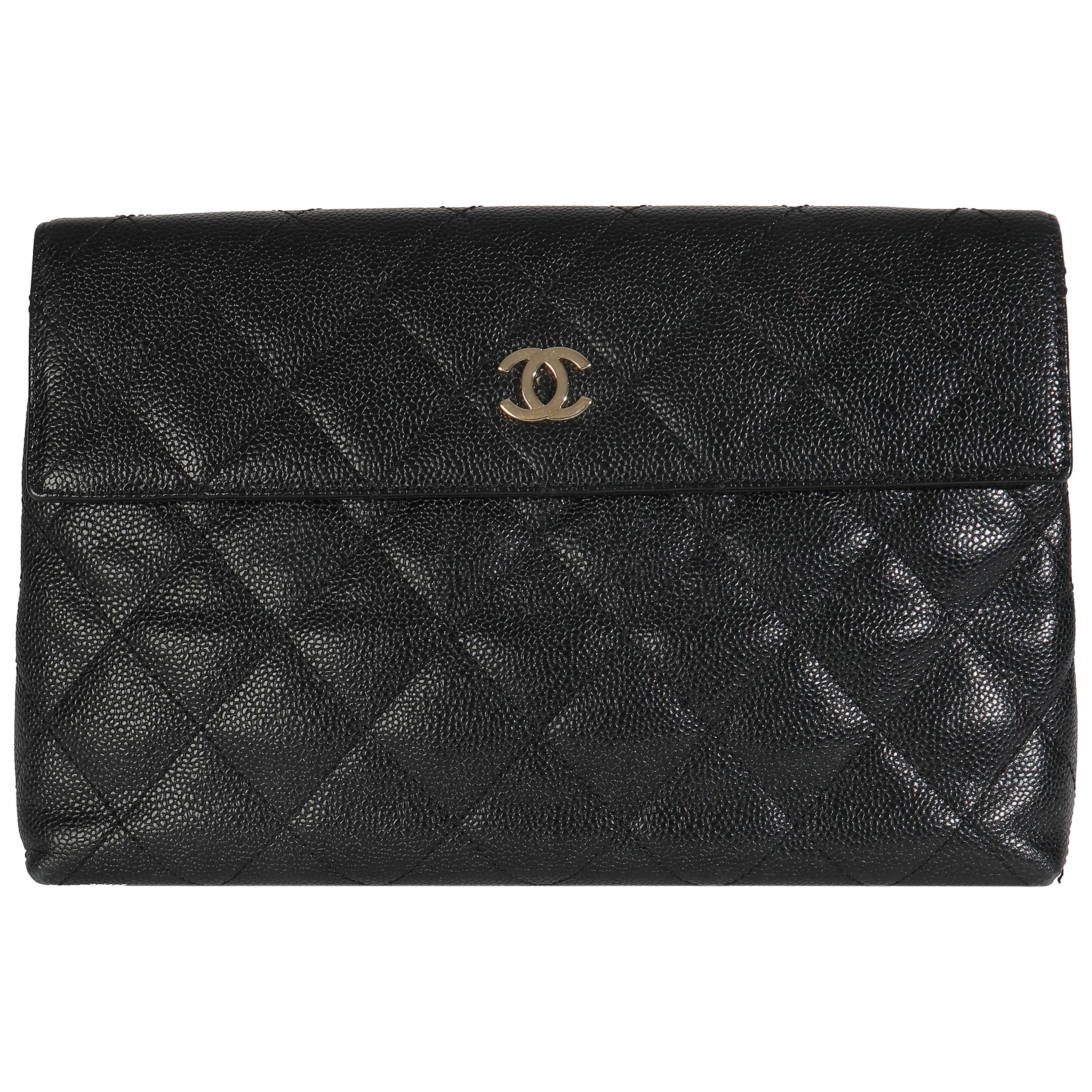 Chanel Vintage Schwarz Gesteppt Kaviar Große Clutch Handtasche