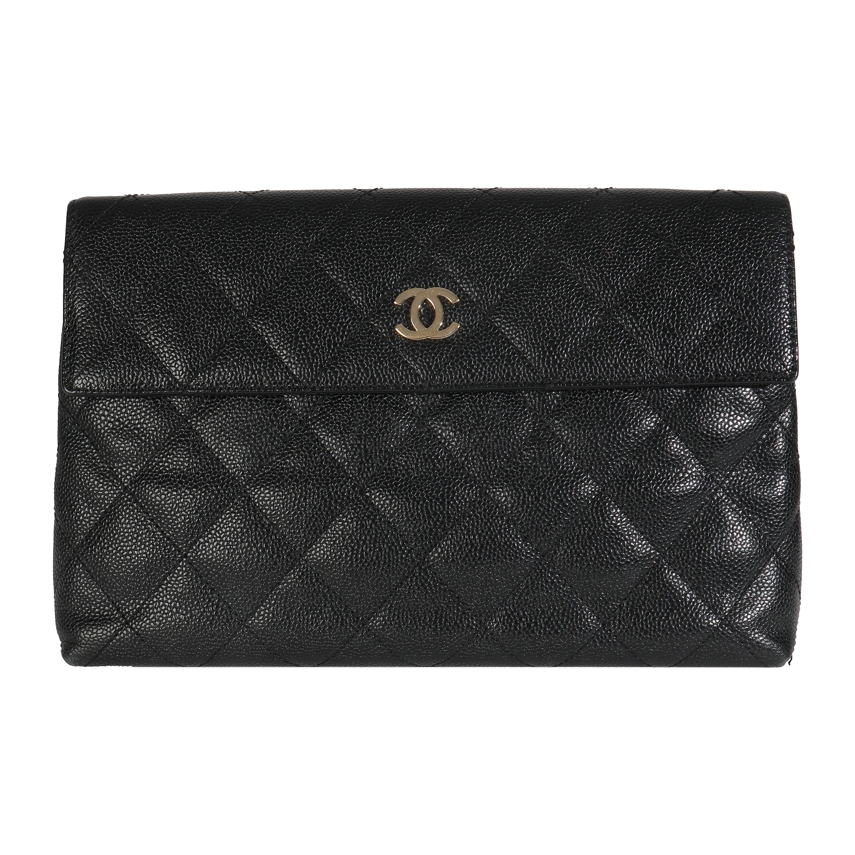 Chanel Vintage Black Quilted Caviar Large Clutch Handbag