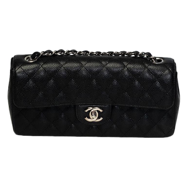 Chanel Vintage Black Quilted Caviar Leather East West Baguette Bag