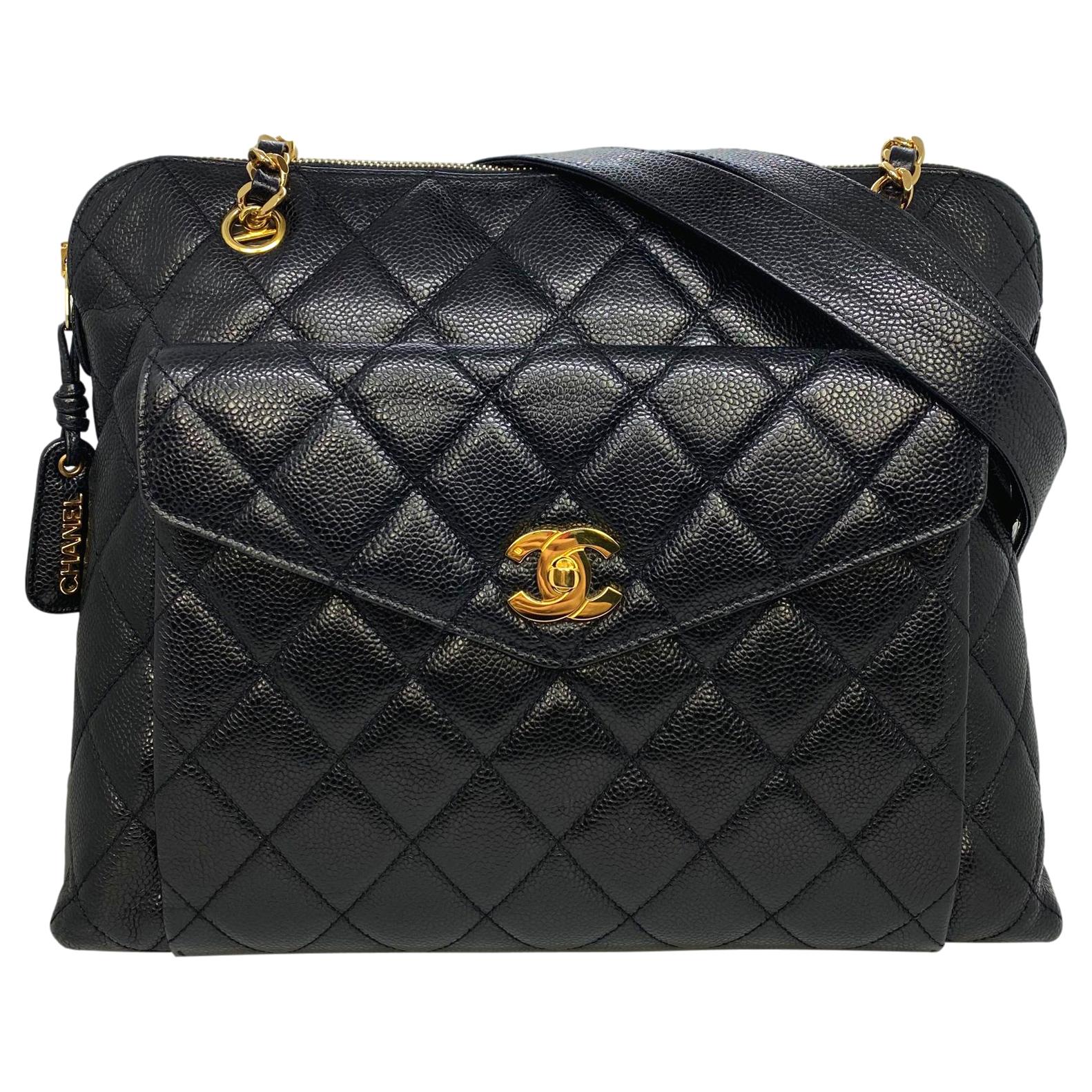 Chanel Vintage Black Quilted Caviar Leather Shoulder Bag with Gold Hardware