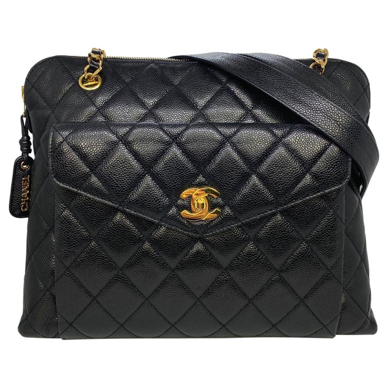 Chanel Vintage Black Quilted Caviar Leather Shoulder Bag with Gold
