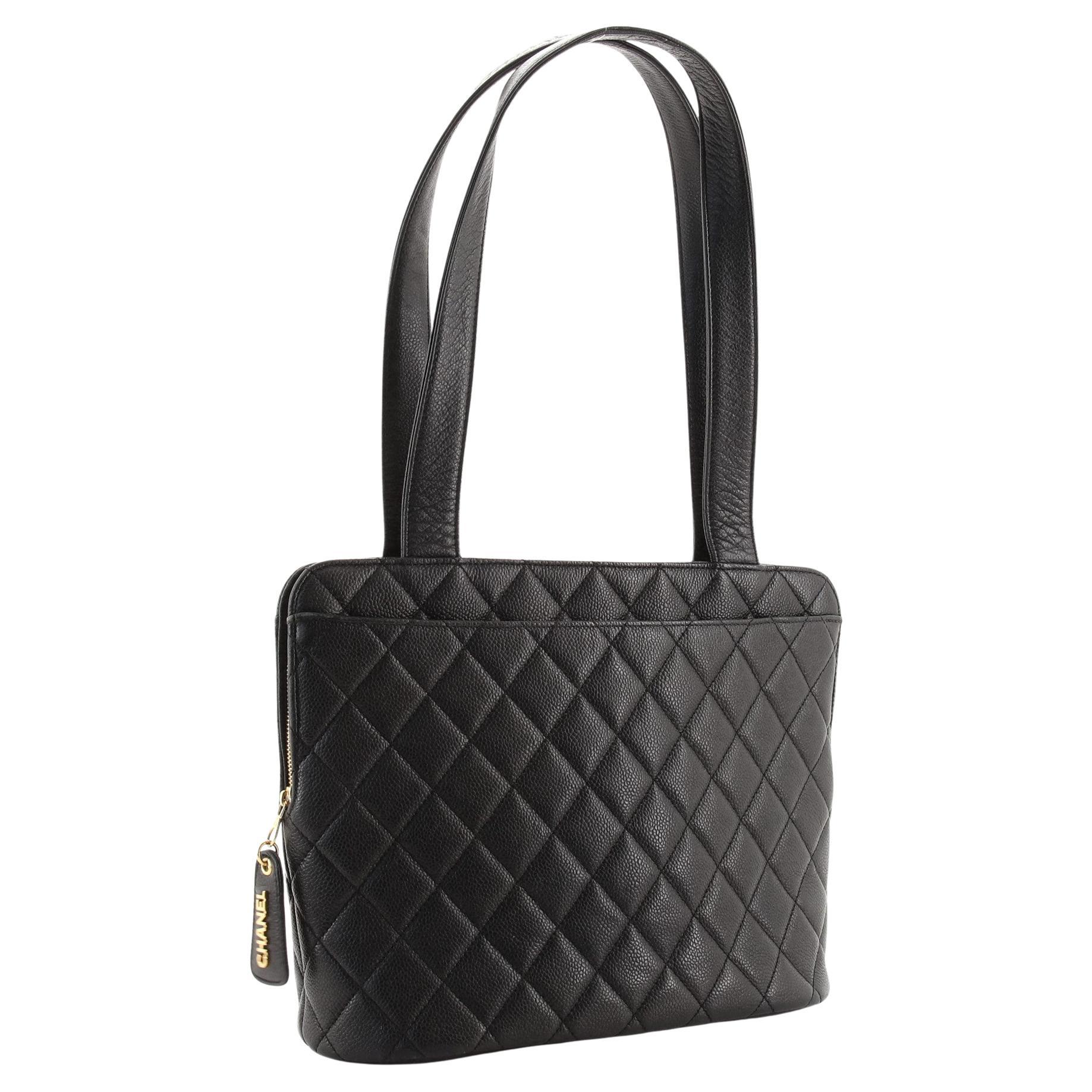 Chanel Vintage Black Quilted Caviar Leather Zip Chain Medium Shoulder Bag