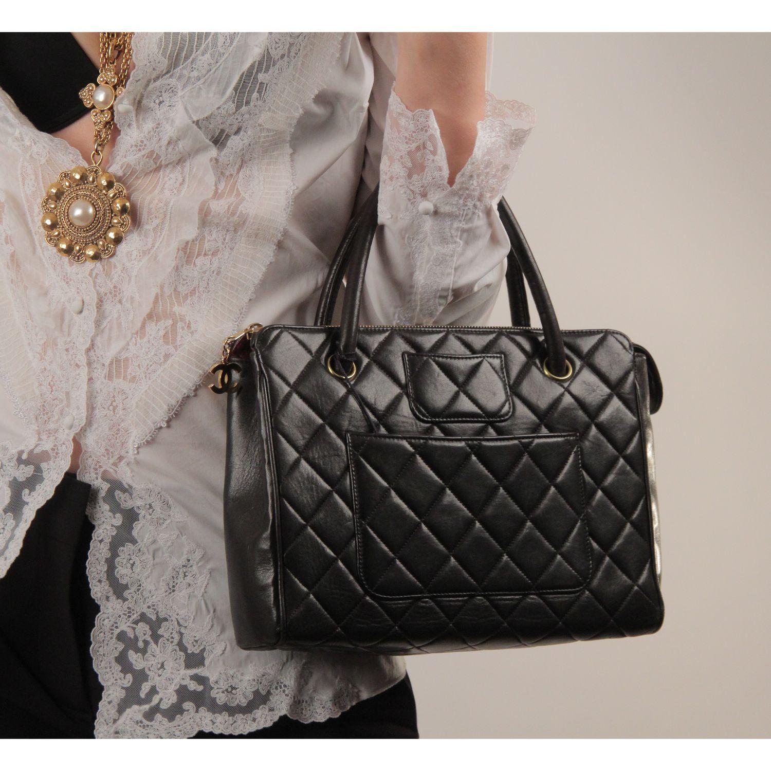 Chanel Vintage Black Quilted Handbag Satchel with Exterior Pockets 3
