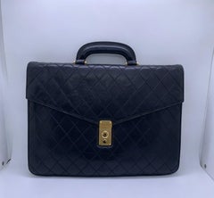 Chanel Vintage Black Quilted Lambskin Briefcase Business Bag Gold HW Authentic