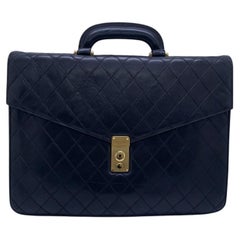 Chanel Vintage Black Quilted Lambskin Briefcase Business Bag Gold HW Authentic