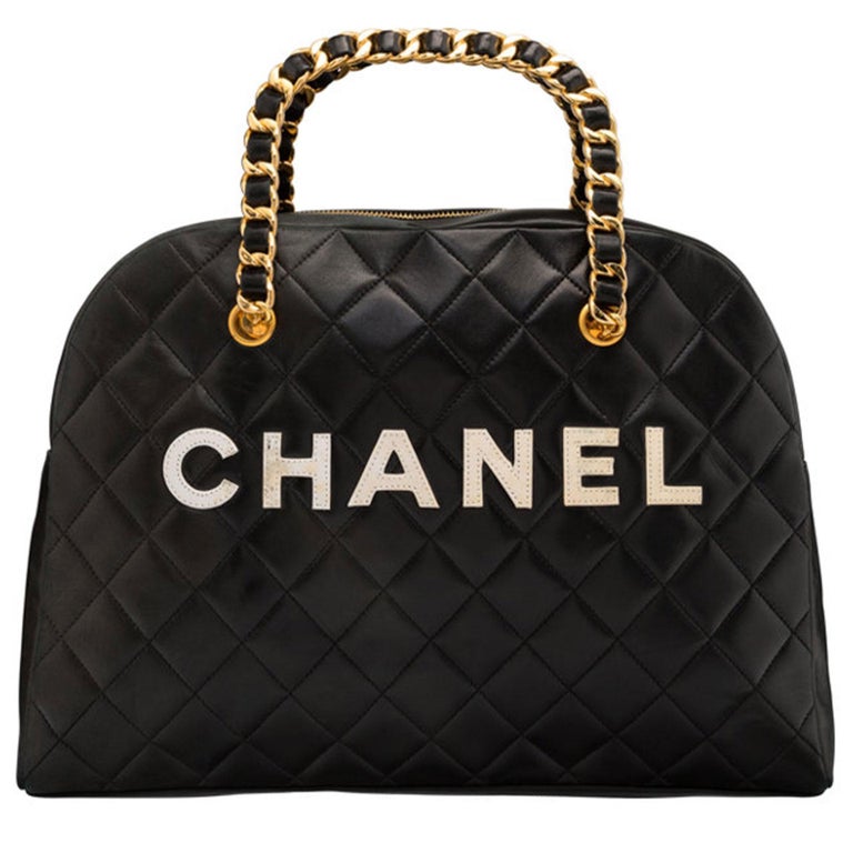 Chanel Vintage Black Quilted Lambskin Leather Medium Bowling Bag For Sale  at 1stDibs