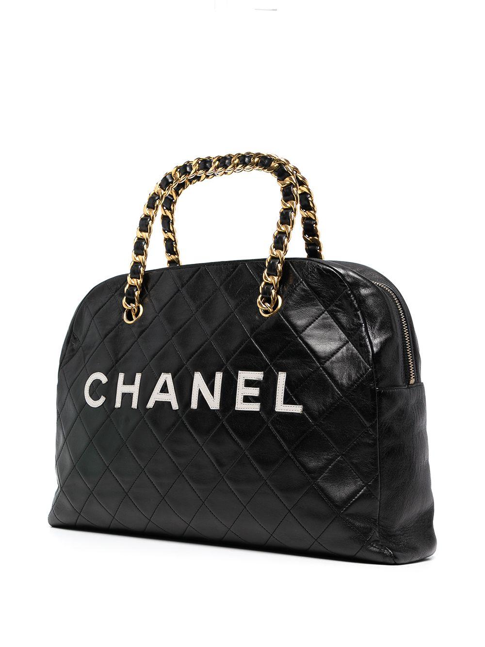 Chanel Vintage Black Quilted Lambskin Leather Medium Bowling Bag In Good Condition For Sale In Miami, FL