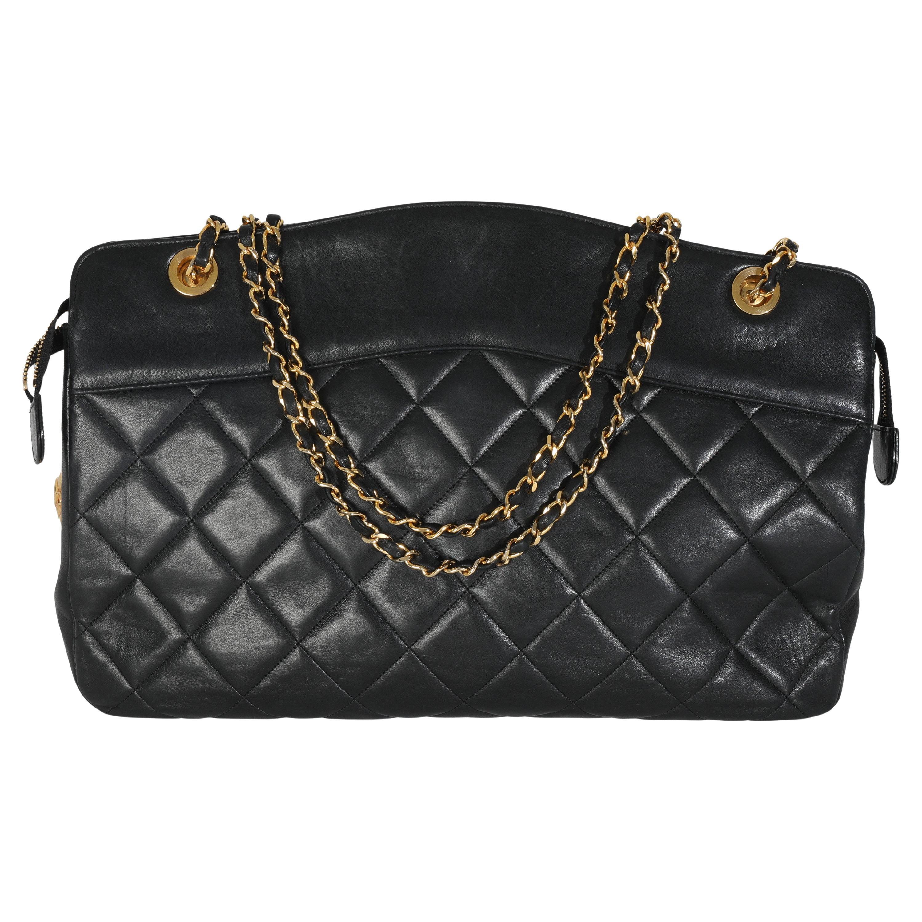 Chanel Vintage Black Quilted Lambskin Matelasse Chain Shoulder Bag