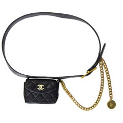 Chanel Vintage Black Quilted Leather Belt Bag Fanny Pack with Chain, 1994