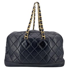 Chanel Vintage Black Quilted Leather Bowler Travel Weekender Bag