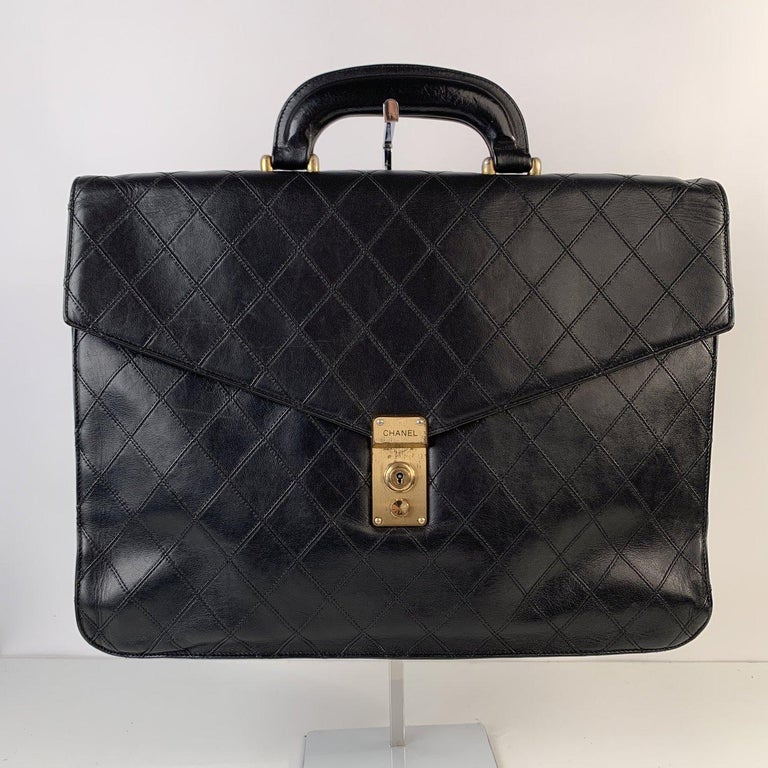Chanel Vintage Black Quilted Leather Briefcase Work Bag Handbag For
