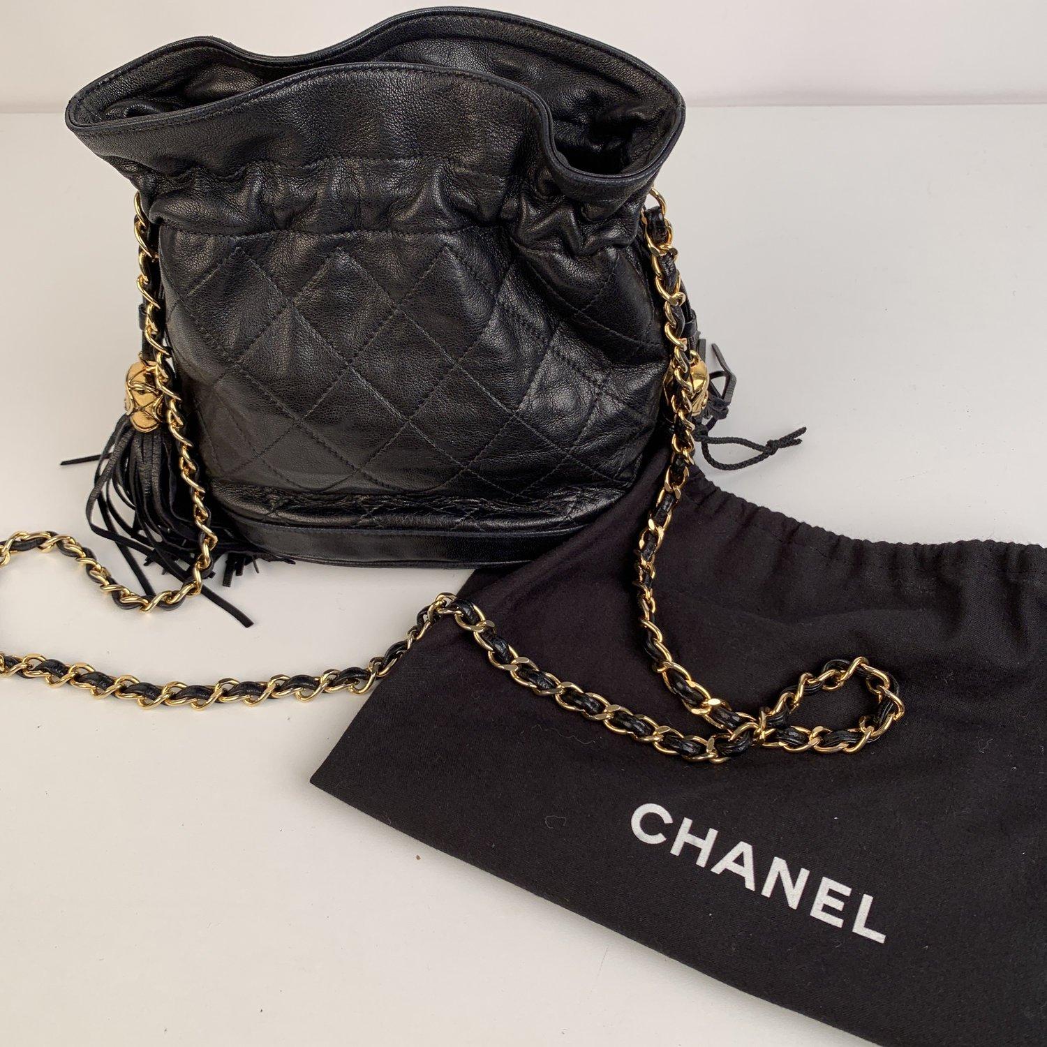 Women's Chanel Vintage Black Quilted Leather Bucket Shoulder Bag with Tassels