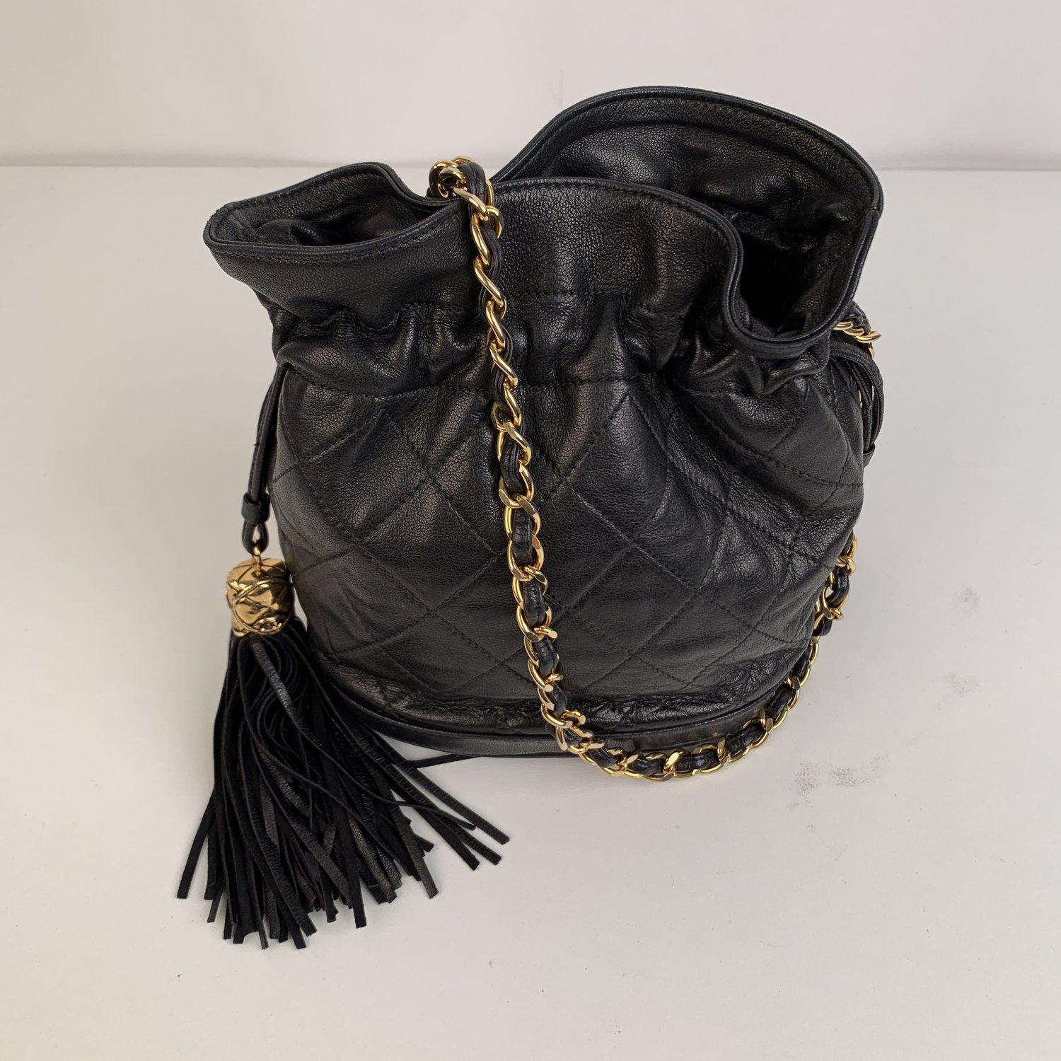 Chanel Vintage Black Quilted Leather Bucket Shoulder Bag with Tassels 2