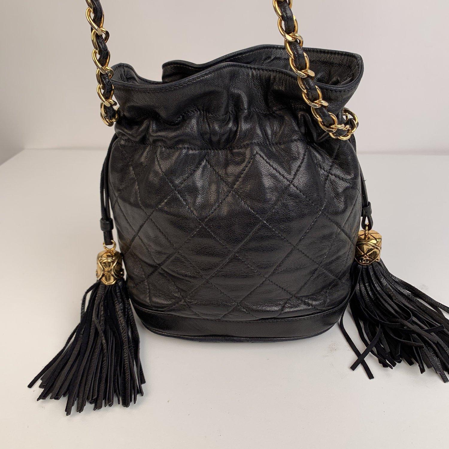 Chanel Vintage Black Quilted Leather Bucket Shoulder Bag with Tassels 5