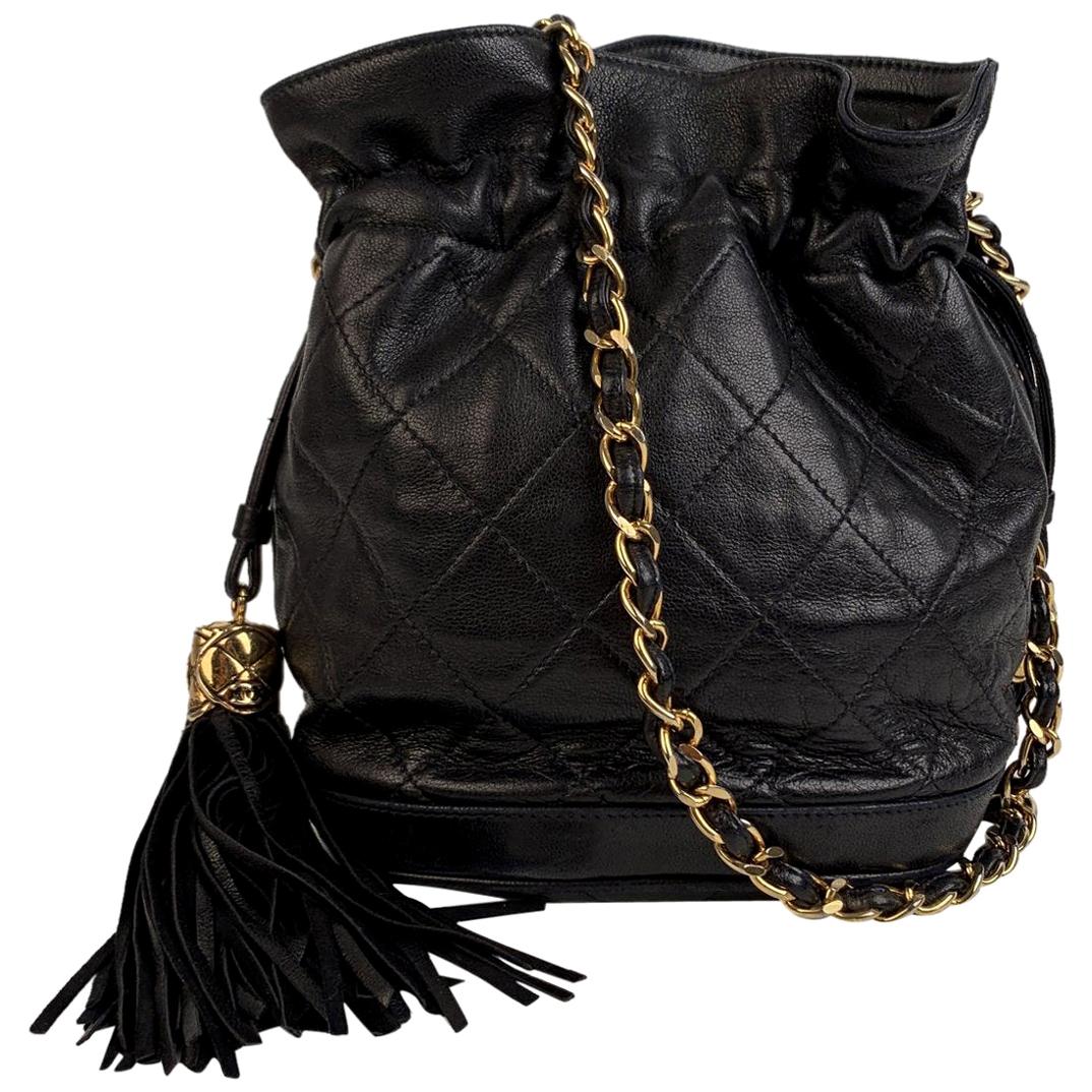 Chanel Vintage Black Quilted Leather Bucket Shoulder Bag with Tassels