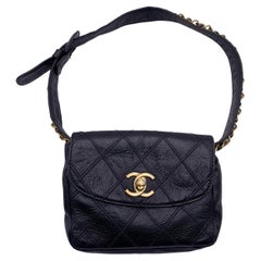 Chanel Vintage Black Quilted Leather CC Chain Belt Waist Bag