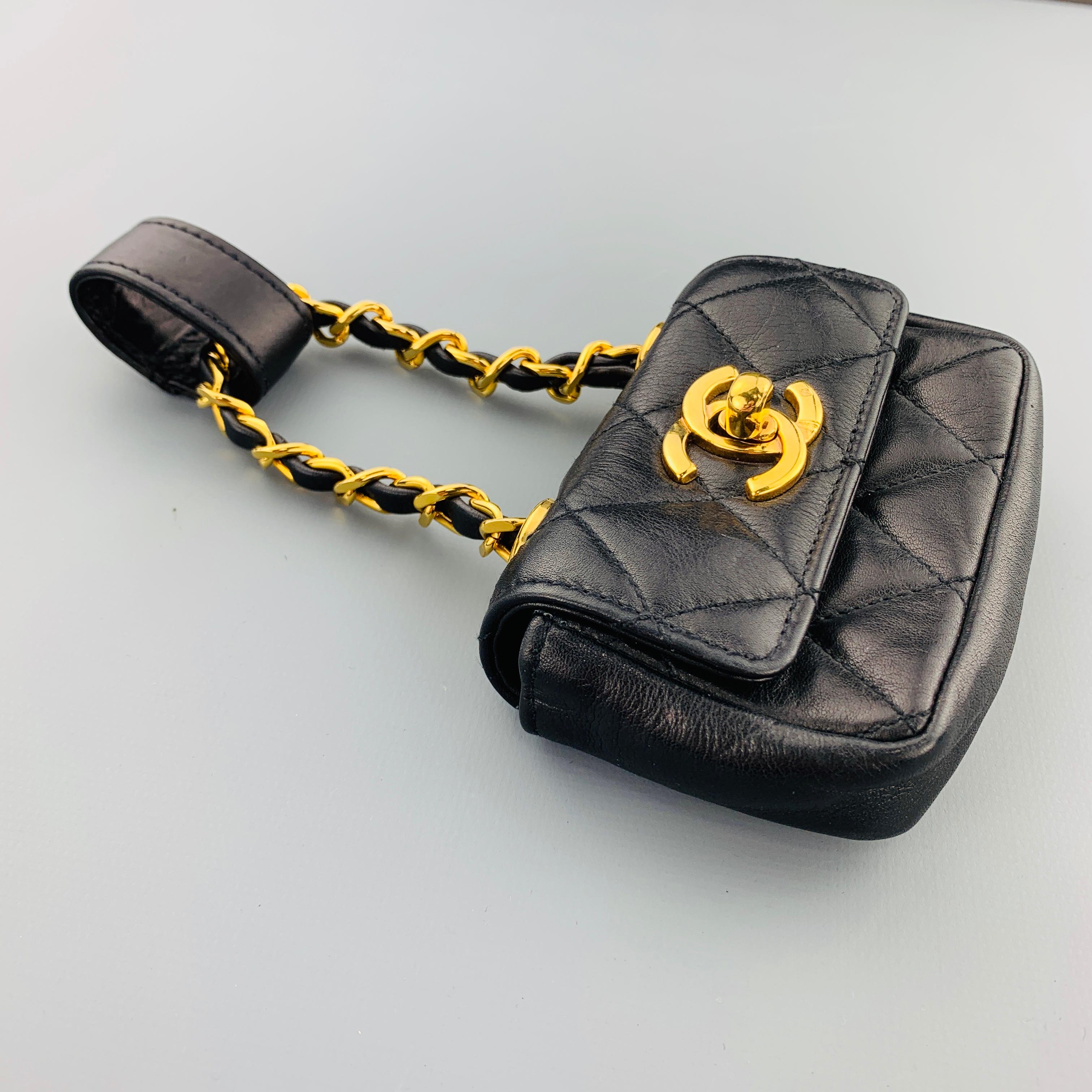 CHANEL Vintage Black Quilted Leather Mini Charm Pouch Purse Bag In Good Condition In San Francisco, CA