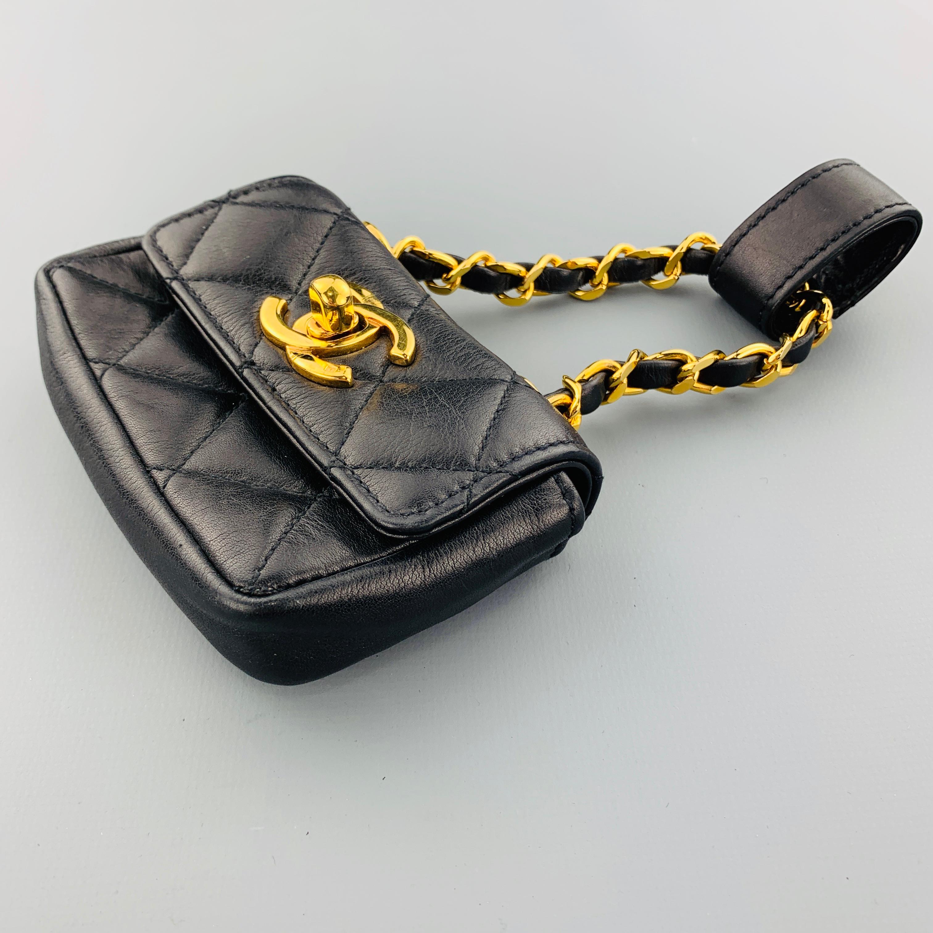 Women's or Men's CHANEL Vintage Black Quilted Leather Mini Charm Pouch Purse Bag