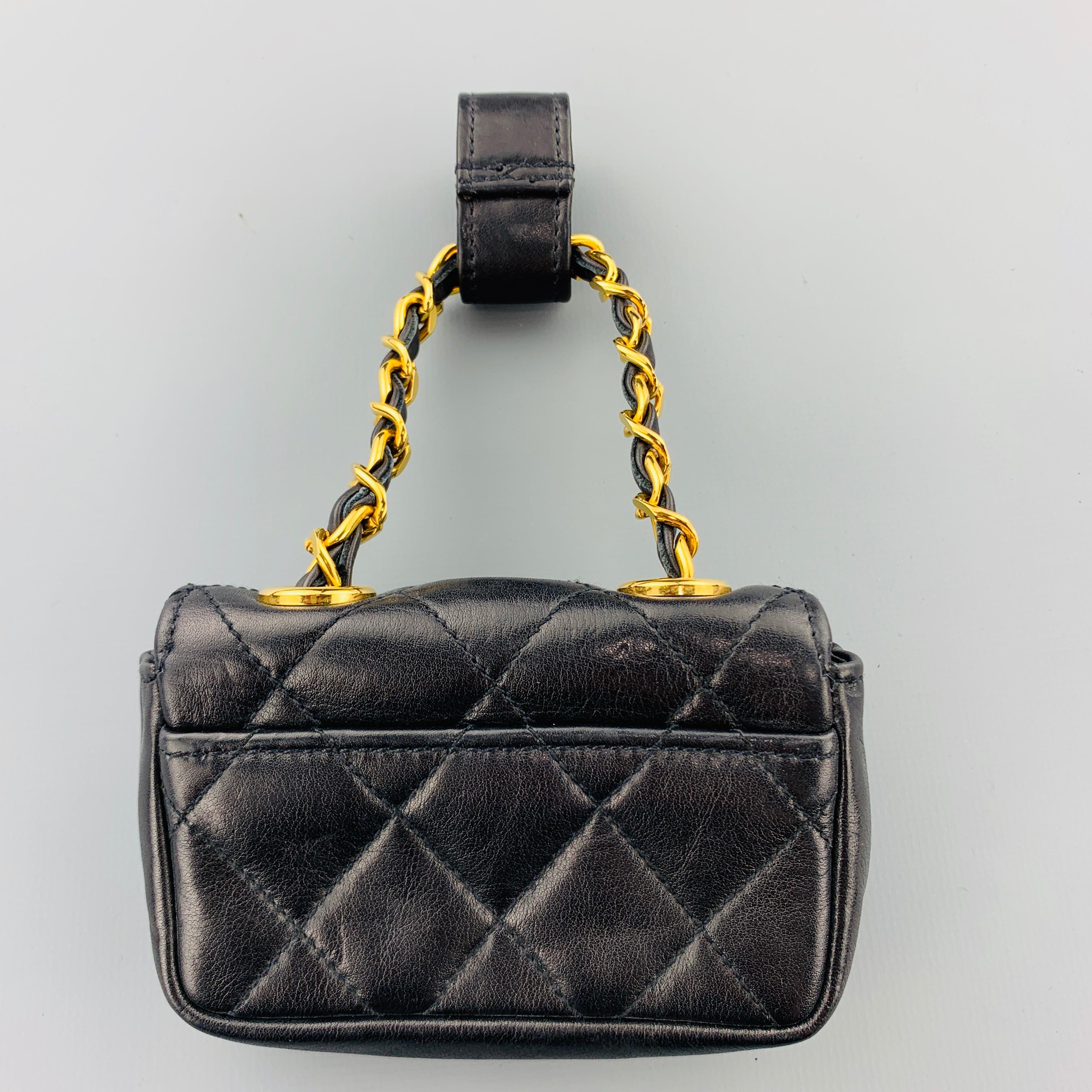 CHANEL Vintage Black Quilted Leather Mini Charm Pouch Purse Bag 2