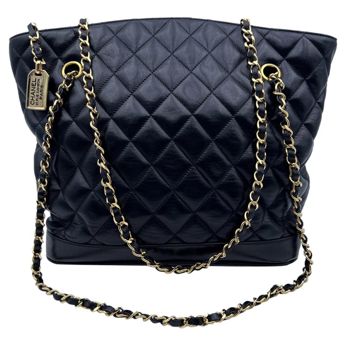 Chanel Vintage Black Quilted LeatherBucket Shoulder Bag Tote For
