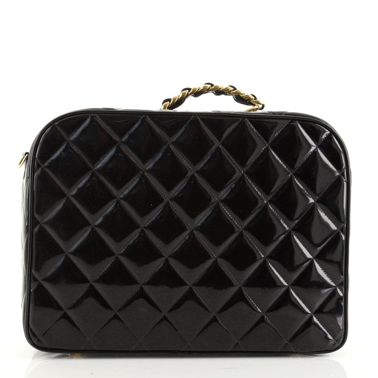 Chanel Vintage Black Quilted Patent Leather Chain Large Lunch Box Bag