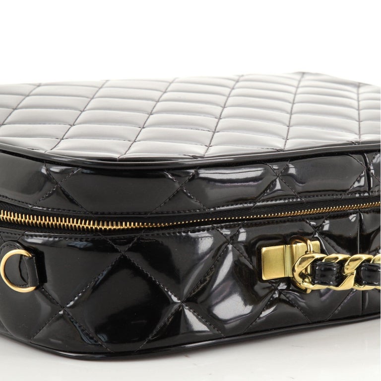 Chanel Vintage Black Quilted Patent Leather Chain Large Lunch Box Bag
