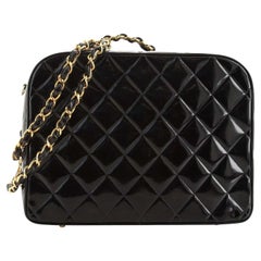 Chanel Vintage Black Quilted Patent Leather Chain Large Lunch Box Bag