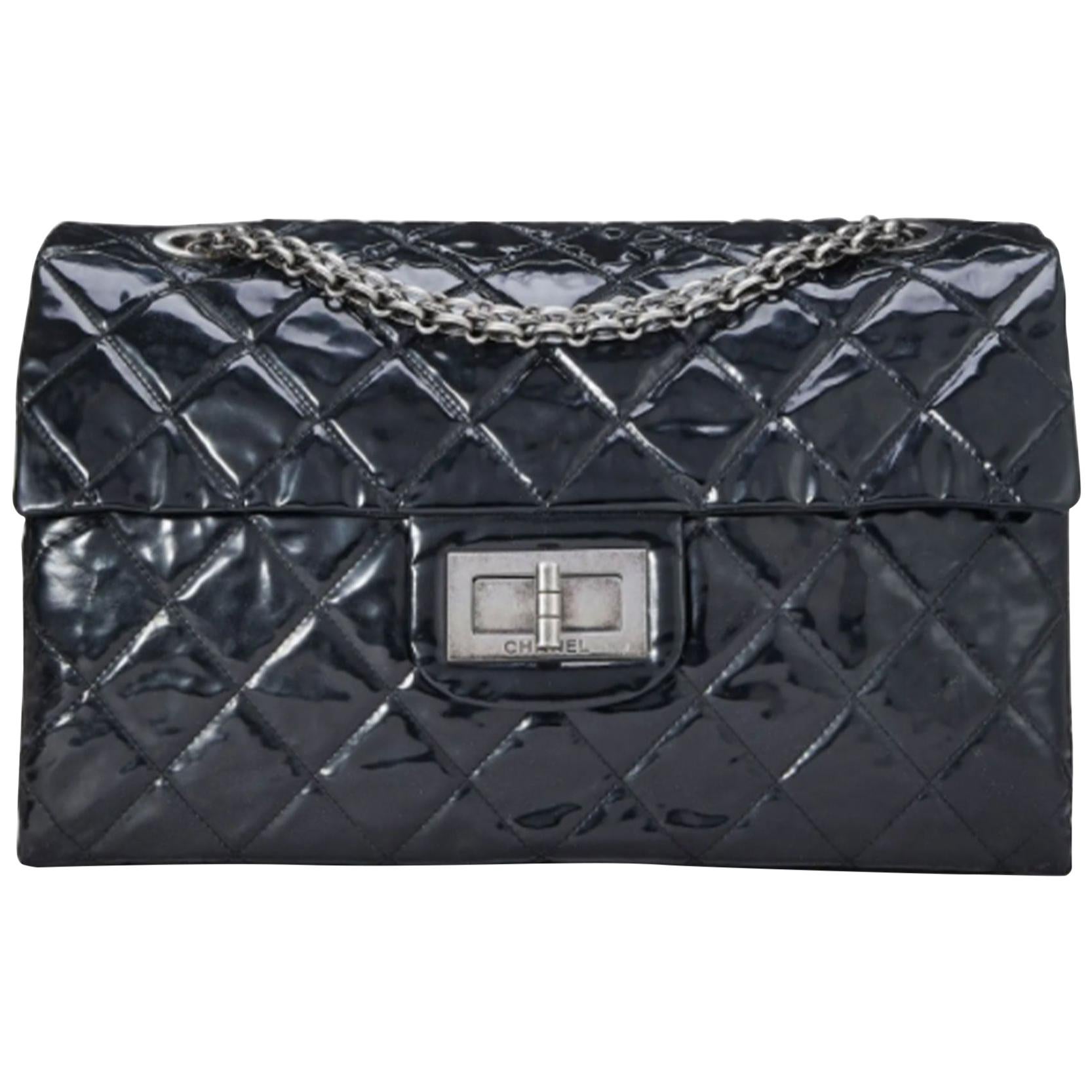 Chanel Vintage Black Quilted Patent Leather Reissue Flap Bag XL