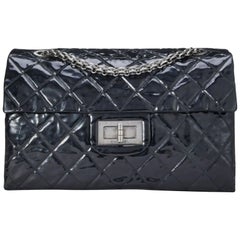 Chanel Vintage Schwarz Gestepptes Lackleder Reissue Klappe Tasche XL Umhängetasche