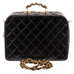 Chanel Vintage Black Quilted Patent Leather Vanity Two-Way Chain Tote Bag