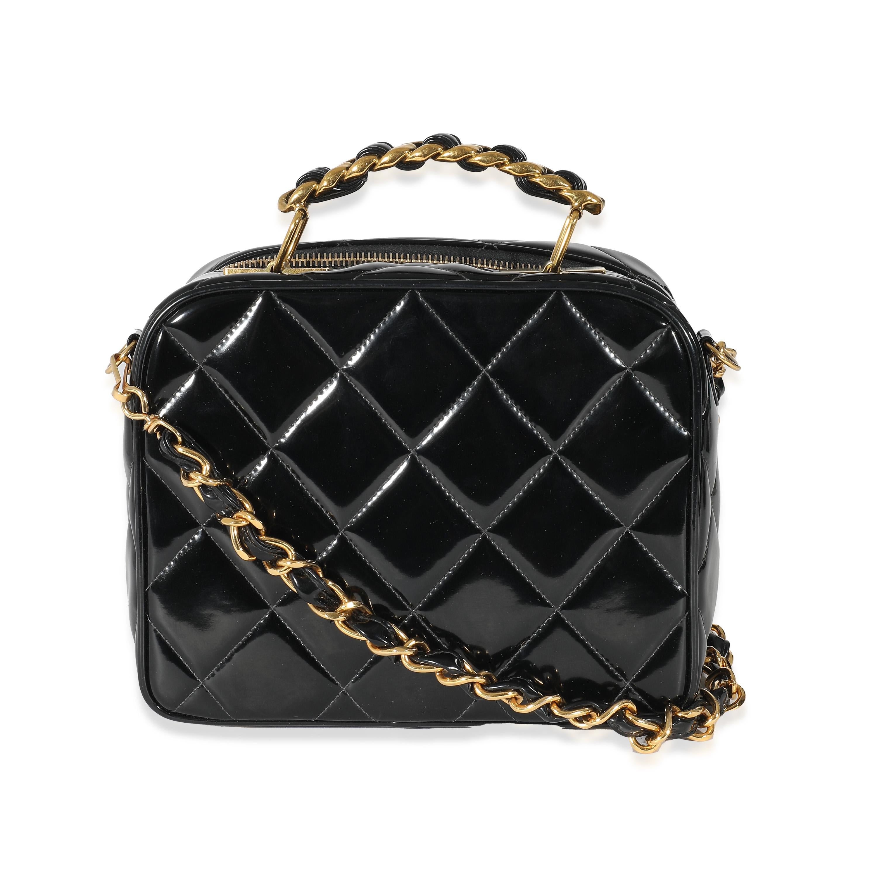 Listing Title: Chanel Vintage Black Quilted Patent Lunch Box Bag
SKU: 135205
Condition: Pre-owned 
Handbag Condition: Good
Condition Comments: Item is in good condition with apparent signs of wear.  Moderate scuffing throughout exterior. Hardware