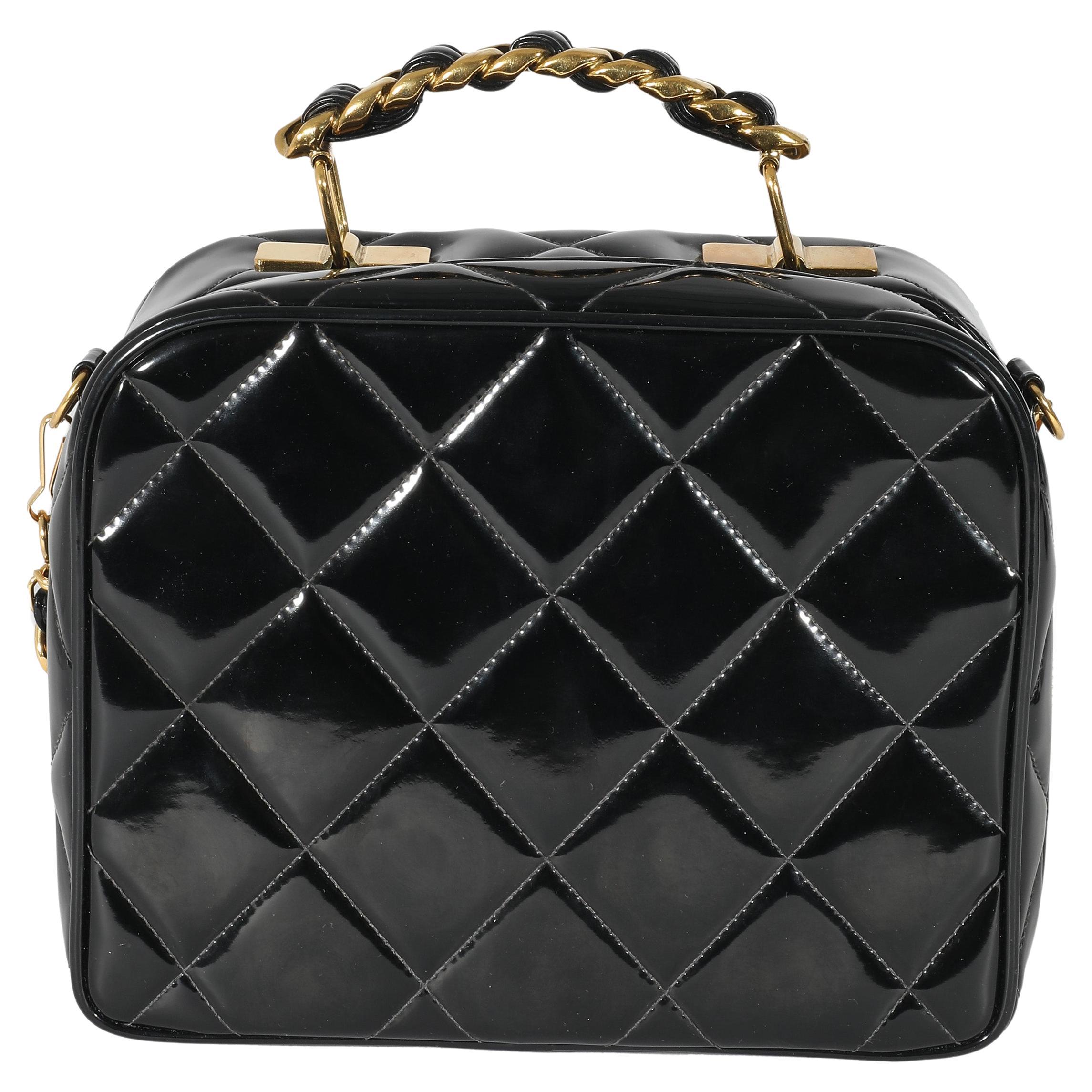 Chanel Vintage Black Quilted Patent Lunch Box Bag For Sale