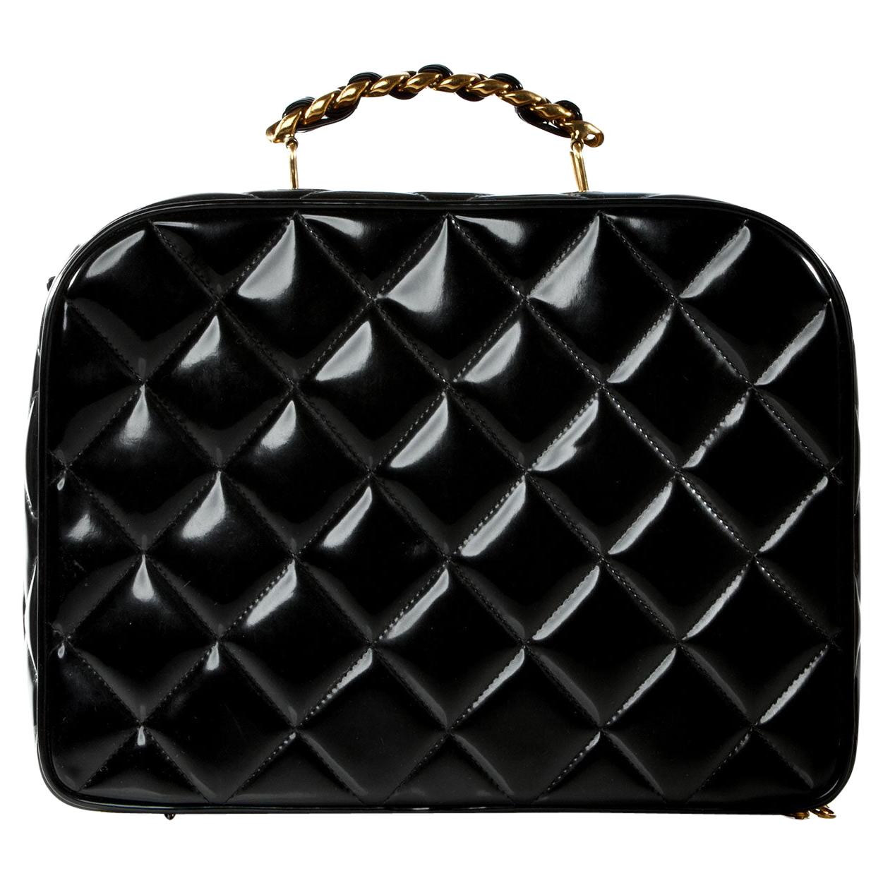 Chanel Vintage Black Quilted Patent Vanity Shoulder Crossbody Quilted Tote Bag 