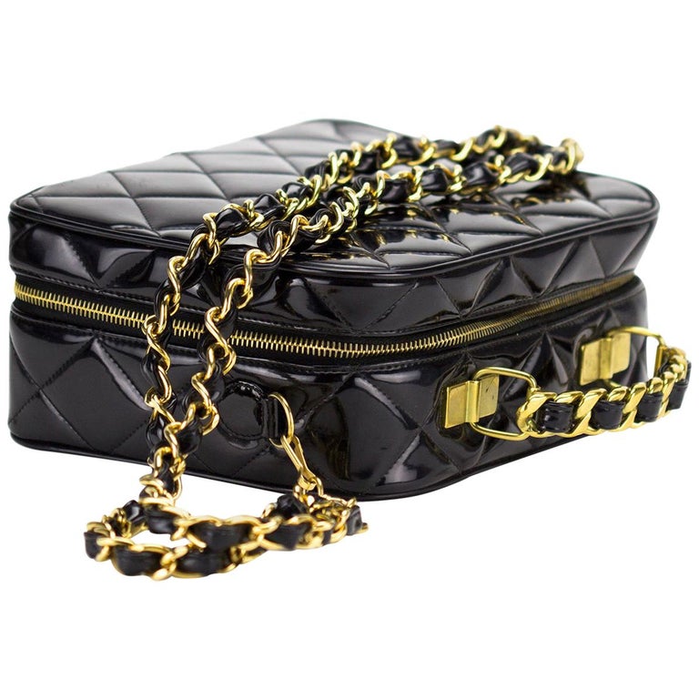 Chanel Vintage Black Quilted Patent Vanity Shoulder Crossbody Quilted Tote Bag  For Sale