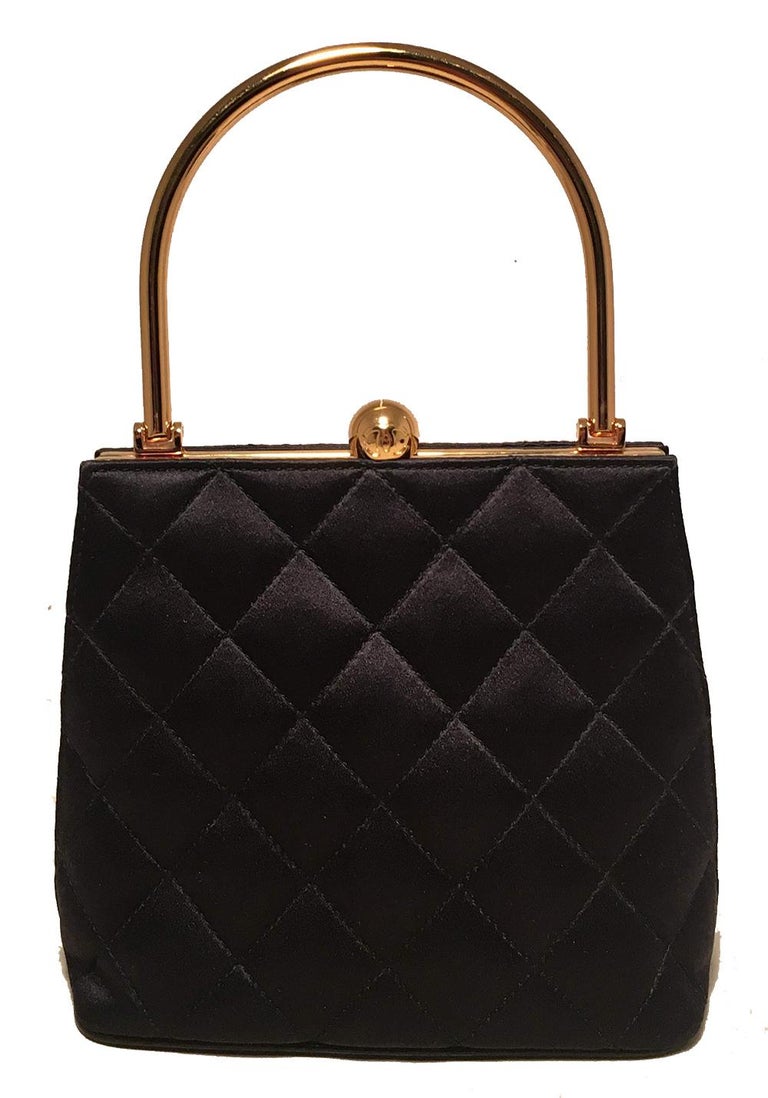 Chanel Vintage Black Quilted Silk Gold Handle Small Evening Frame Bag