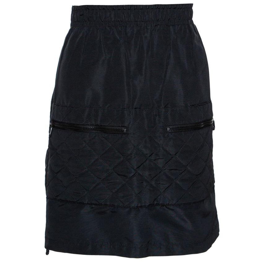 Chanel Vintage Black Quilted Silk Velcro Detail Skirt S