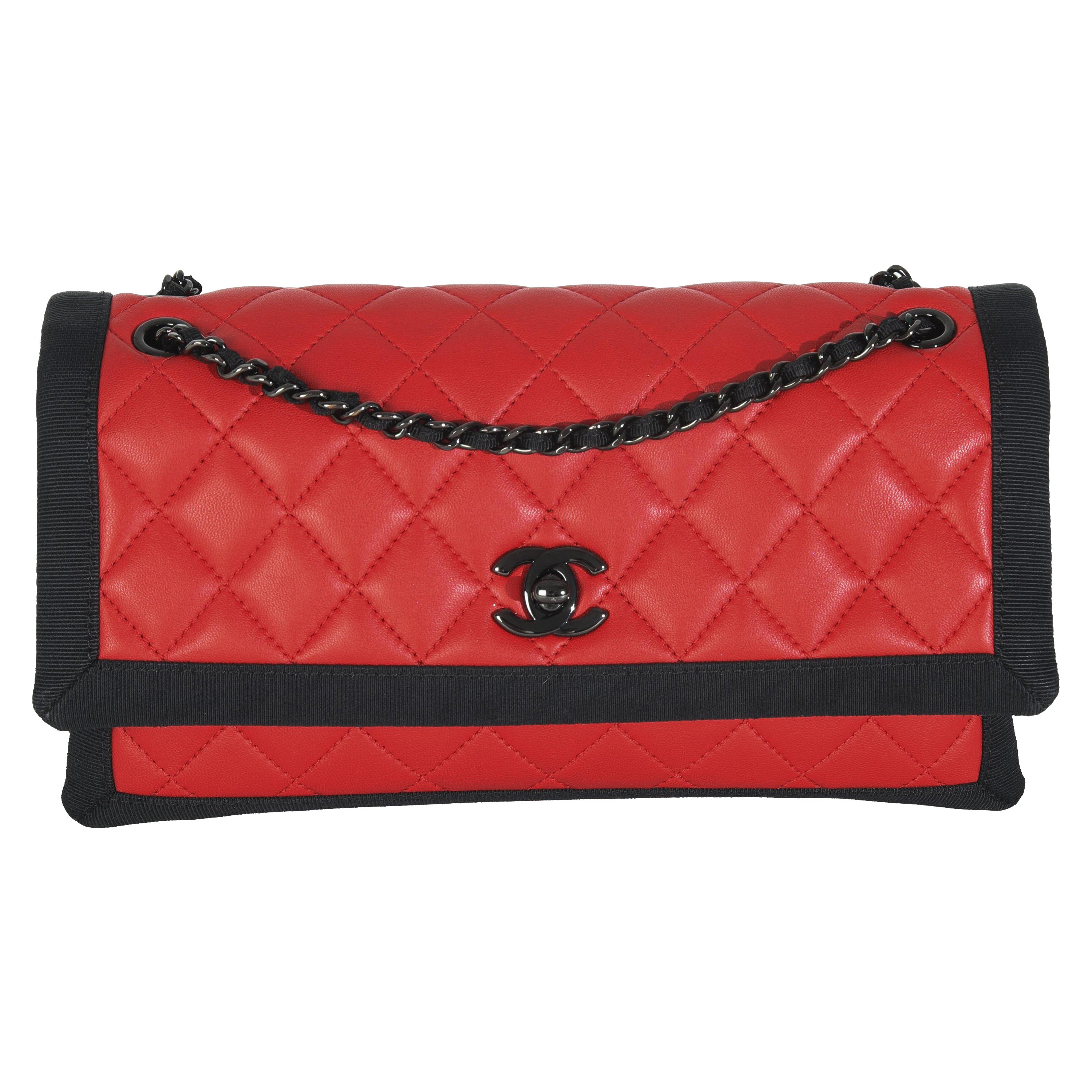 Chanel Vintage Schwarz Rot Gesteppt Lammfell Zwei-Ton-Klappe Tasche