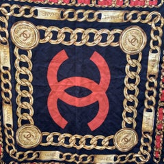 Chanel Vintage Black Red Yellow Silk Scarf CC Logo and Chain Print