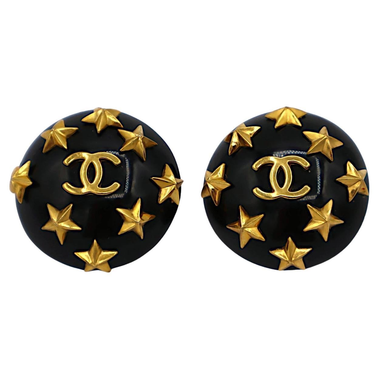 CHANEL Vintage Black Resin Celestial Clip-On Earrings, 1995 For Sale