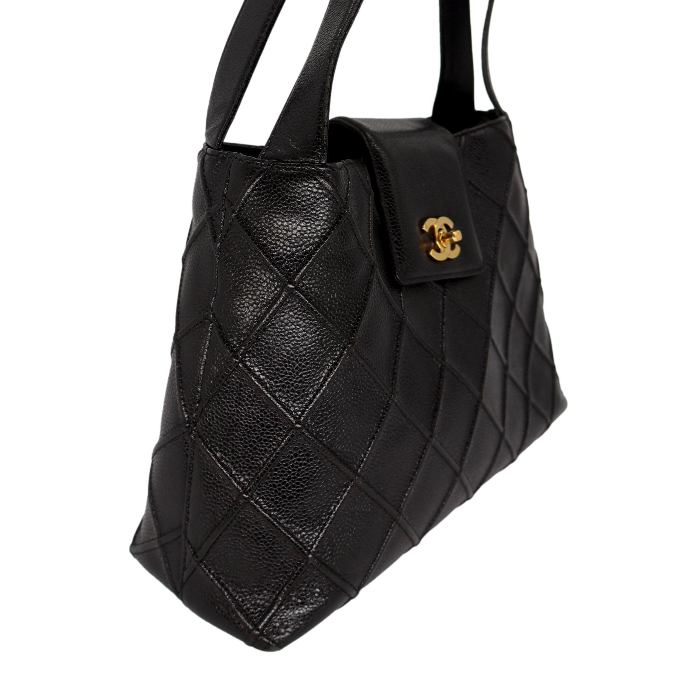 Chanel Vintage Black Reverse Quilted Caviar Leather Shoulder Bag with 24KT Hardware, 1996 - 1997. Crafted from the classic and Chanel's most durable black caviar leather, this Chanel quilted shoulder bag features a double 10