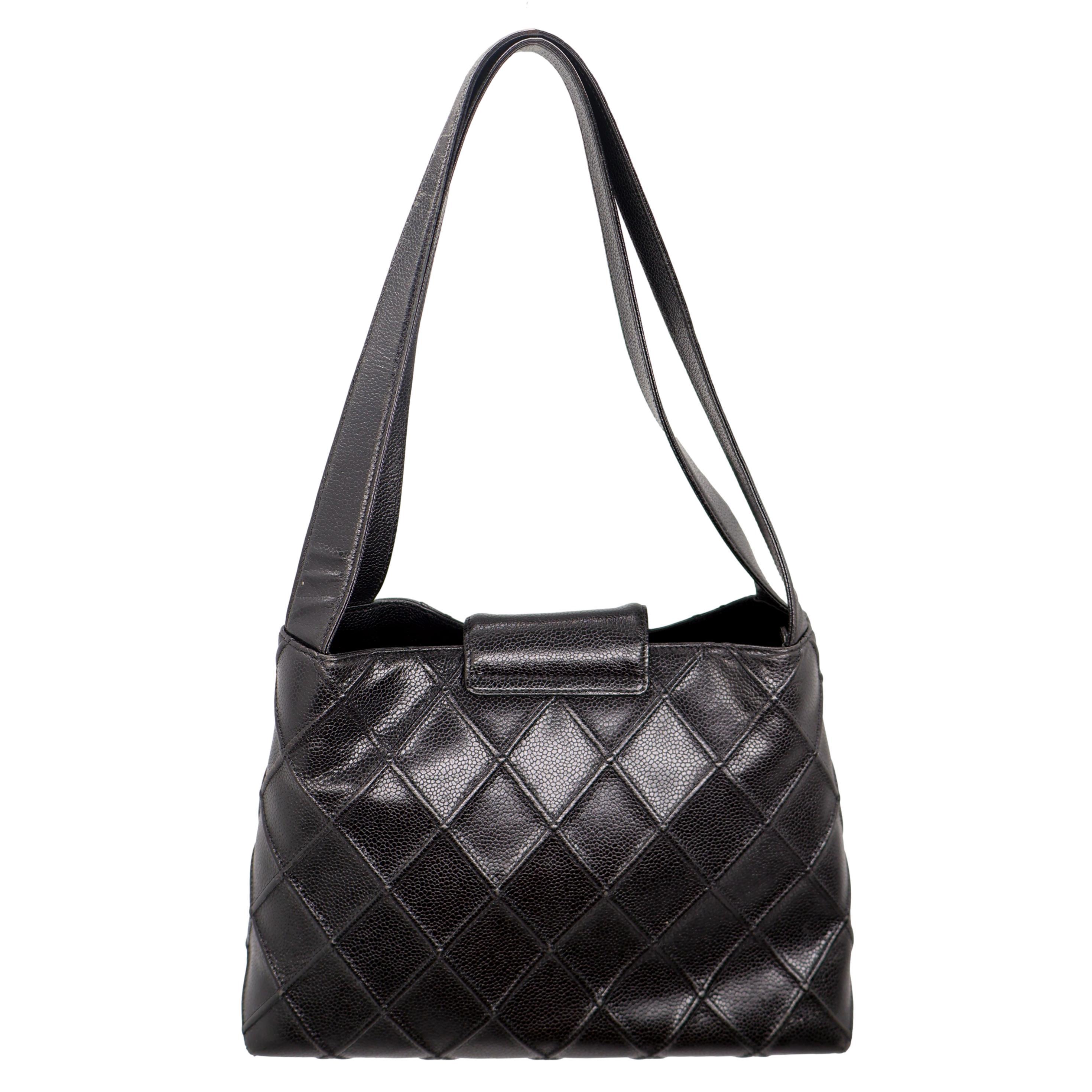 Chanel Vintage Black Reverse Quilted Caviar Leather Shoulder Bag, 1996 - 1997. In Good Condition In Banner Elk, NC
