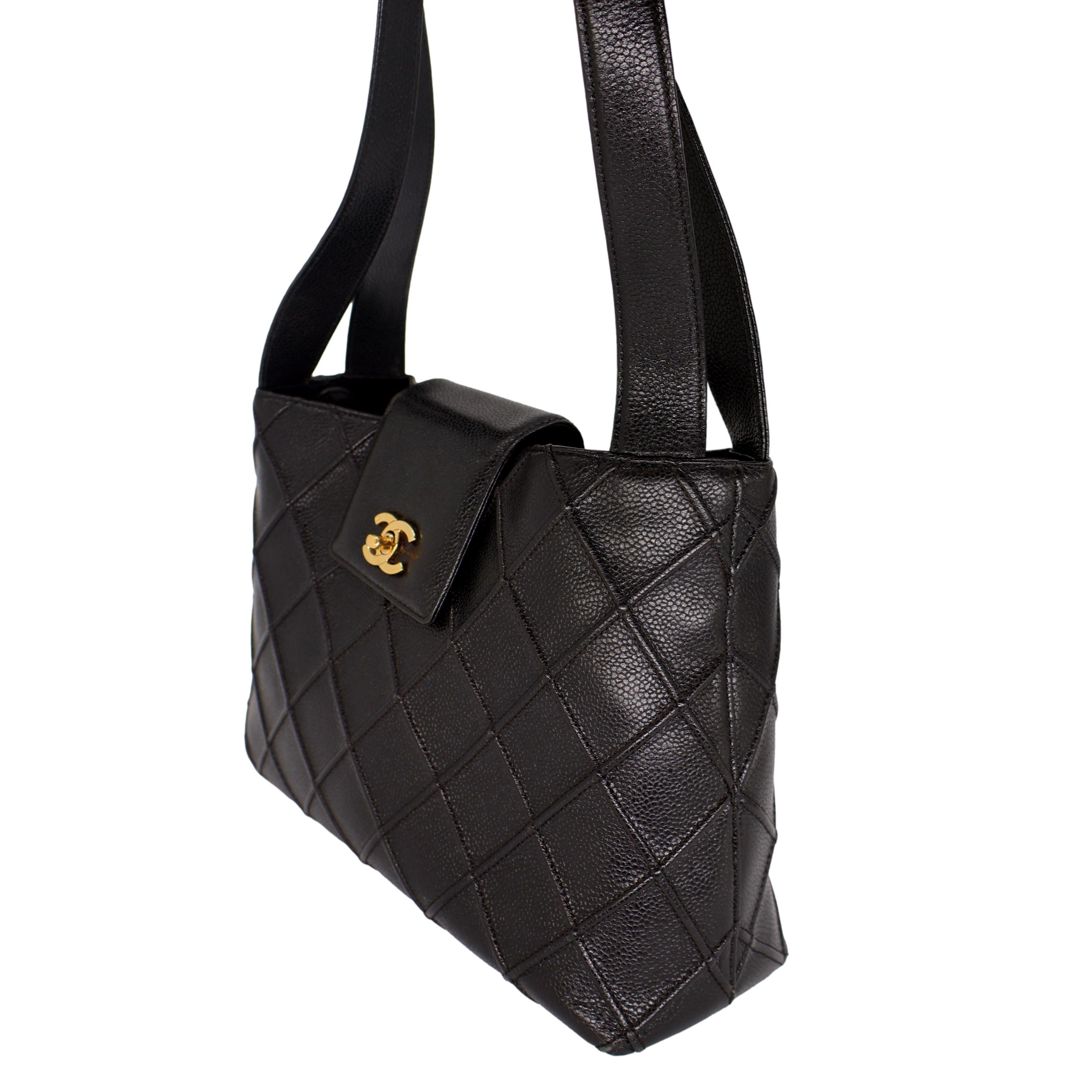 Women's or Men's Chanel Vintage Black Reverse Quilted Caviar Leather Shoulder Bag, 1996 - 1997. For Sale