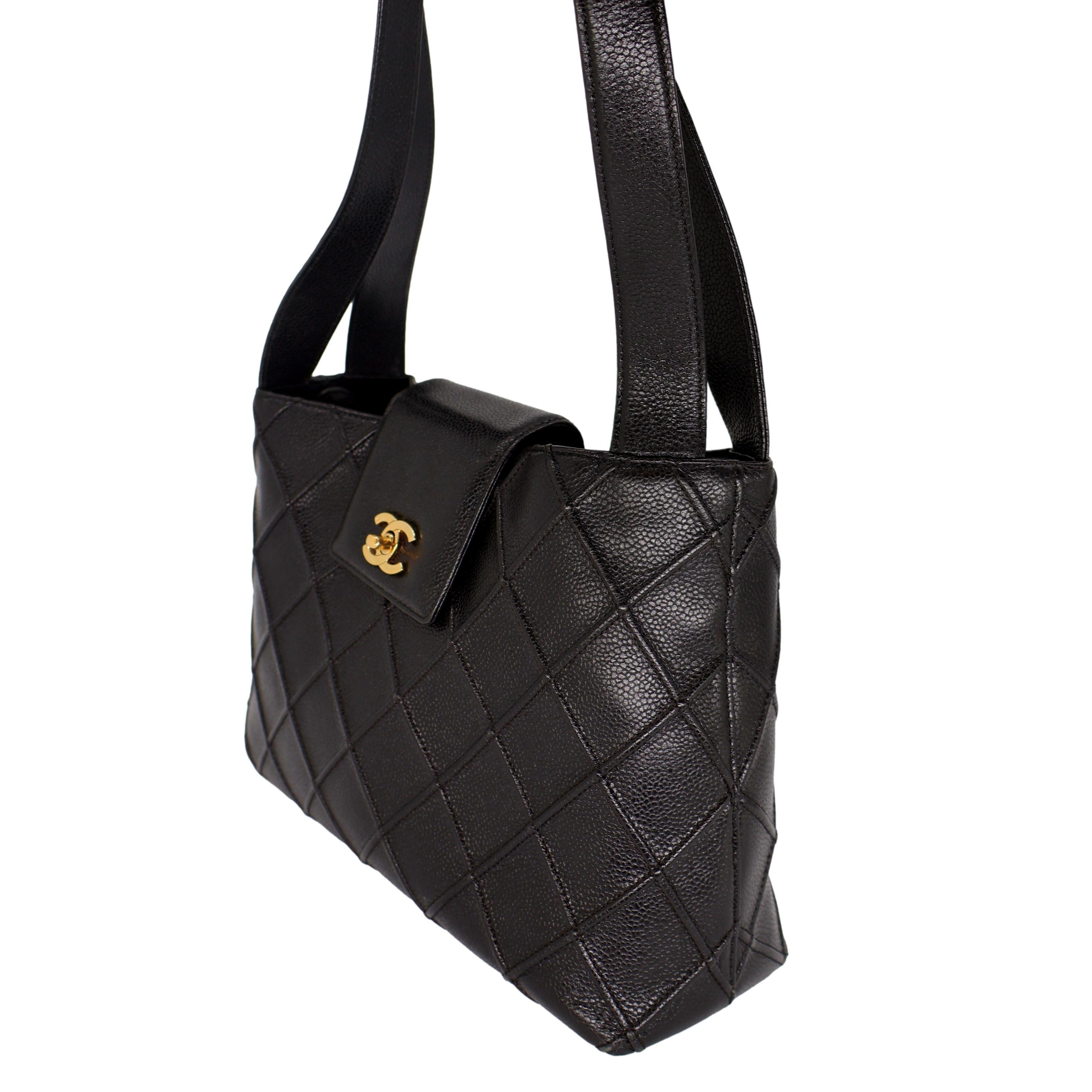 Women's or Men's Chanel Vintage Black Reverse Quilted Caviar Leather Shoulder Bag, 1996 - 1997.