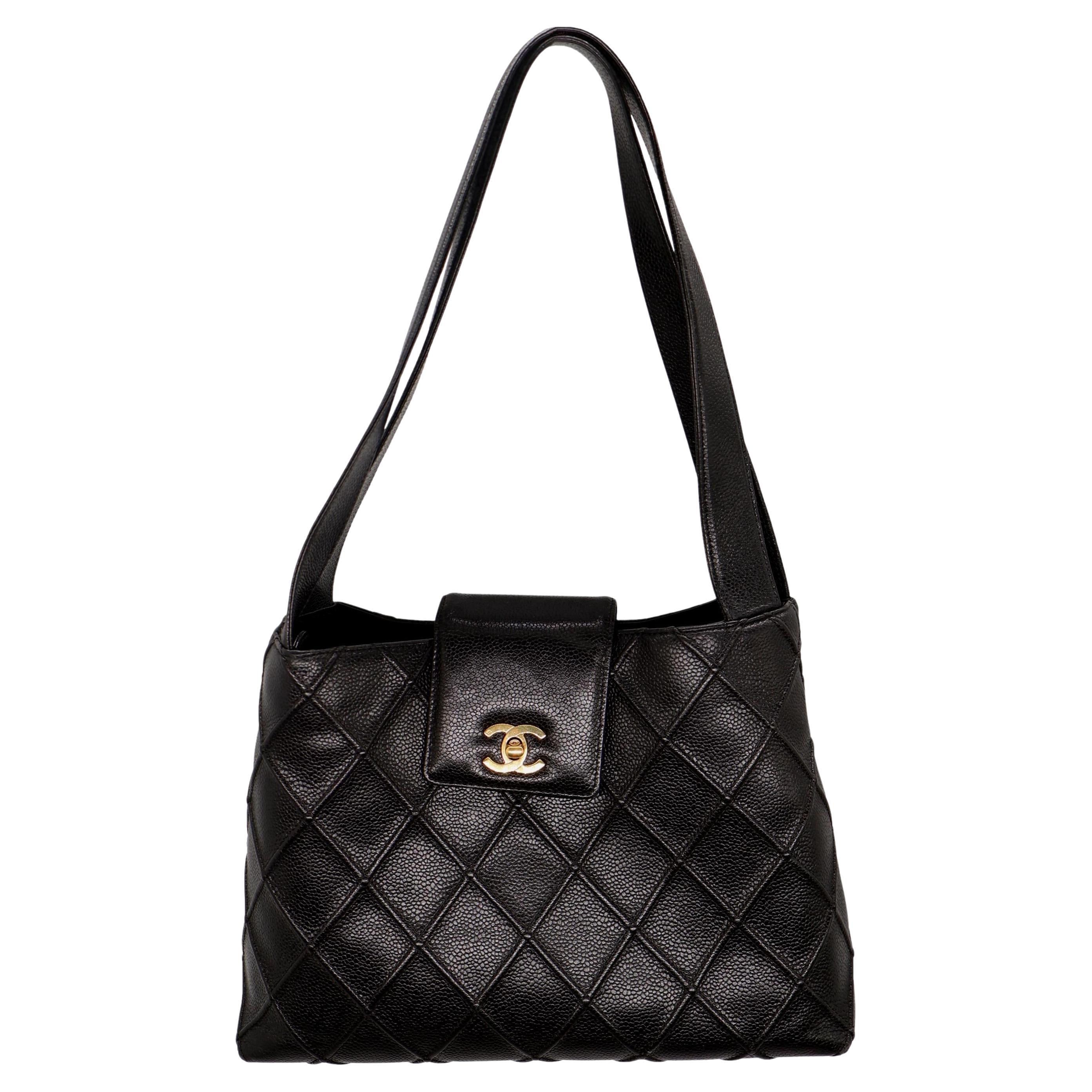 Chanel Vintage Black Reverse Quilted Caviar Leather Shoulder Bag, 1996 - 1997. For Sale